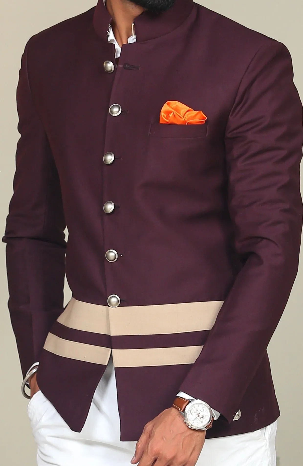 Wine Double Bottom Stripes Bandhgala Blazer With White Trouser