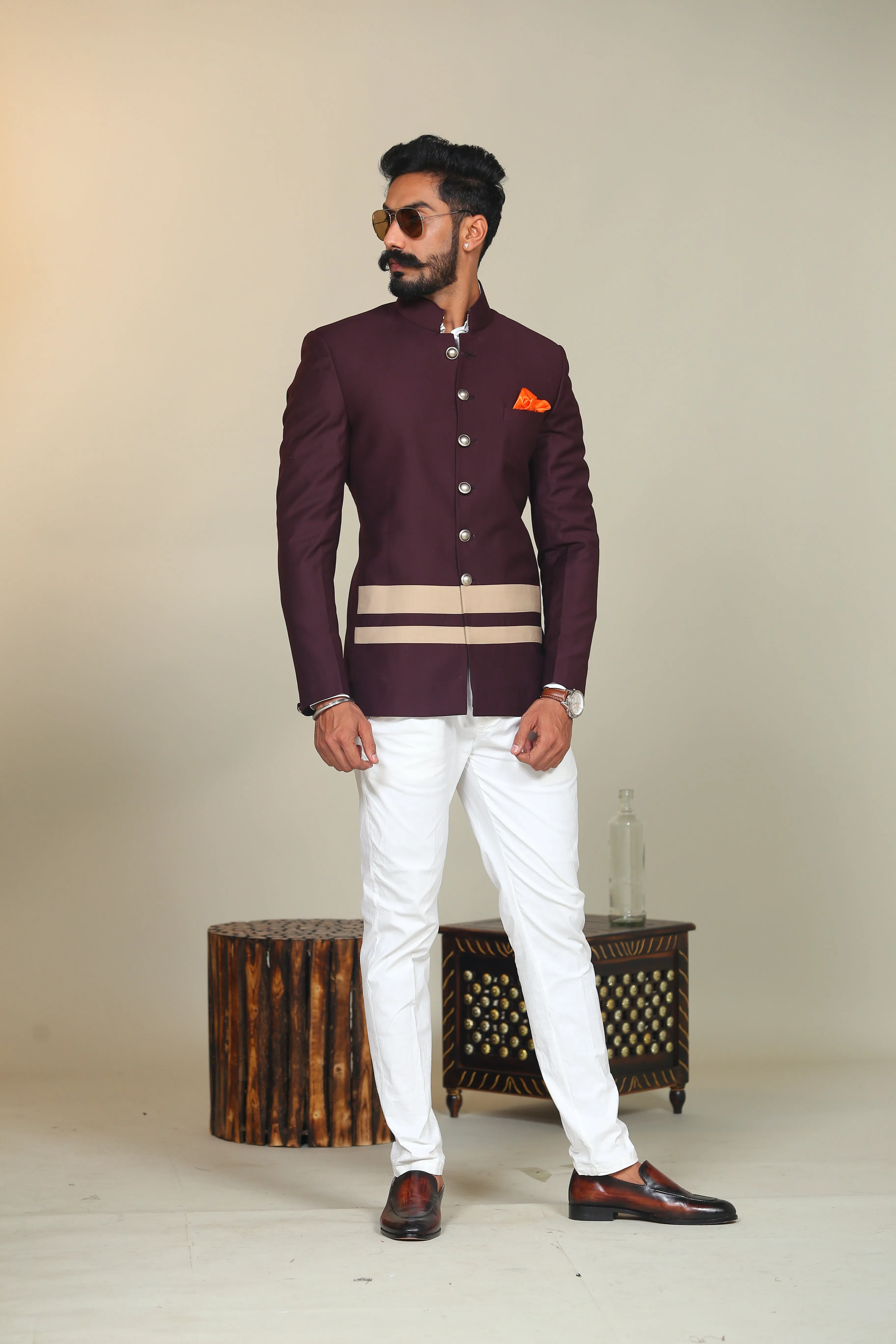 Wine Double Bottom Stripes Bandhgala Blazer With White Trouser