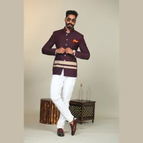 Wine Double Bottom Stripes Bandhgala Blazer With White Trouser