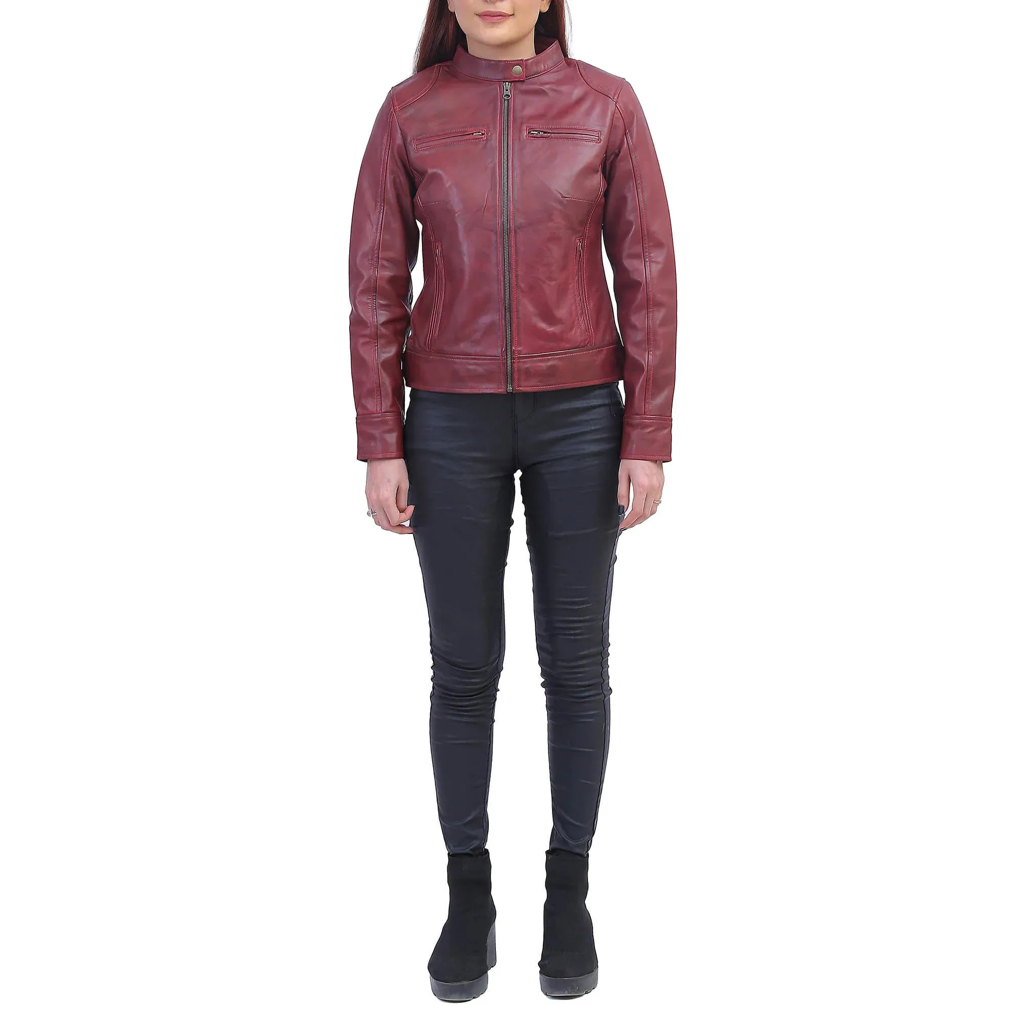 Woman Maroon Biker Jacket