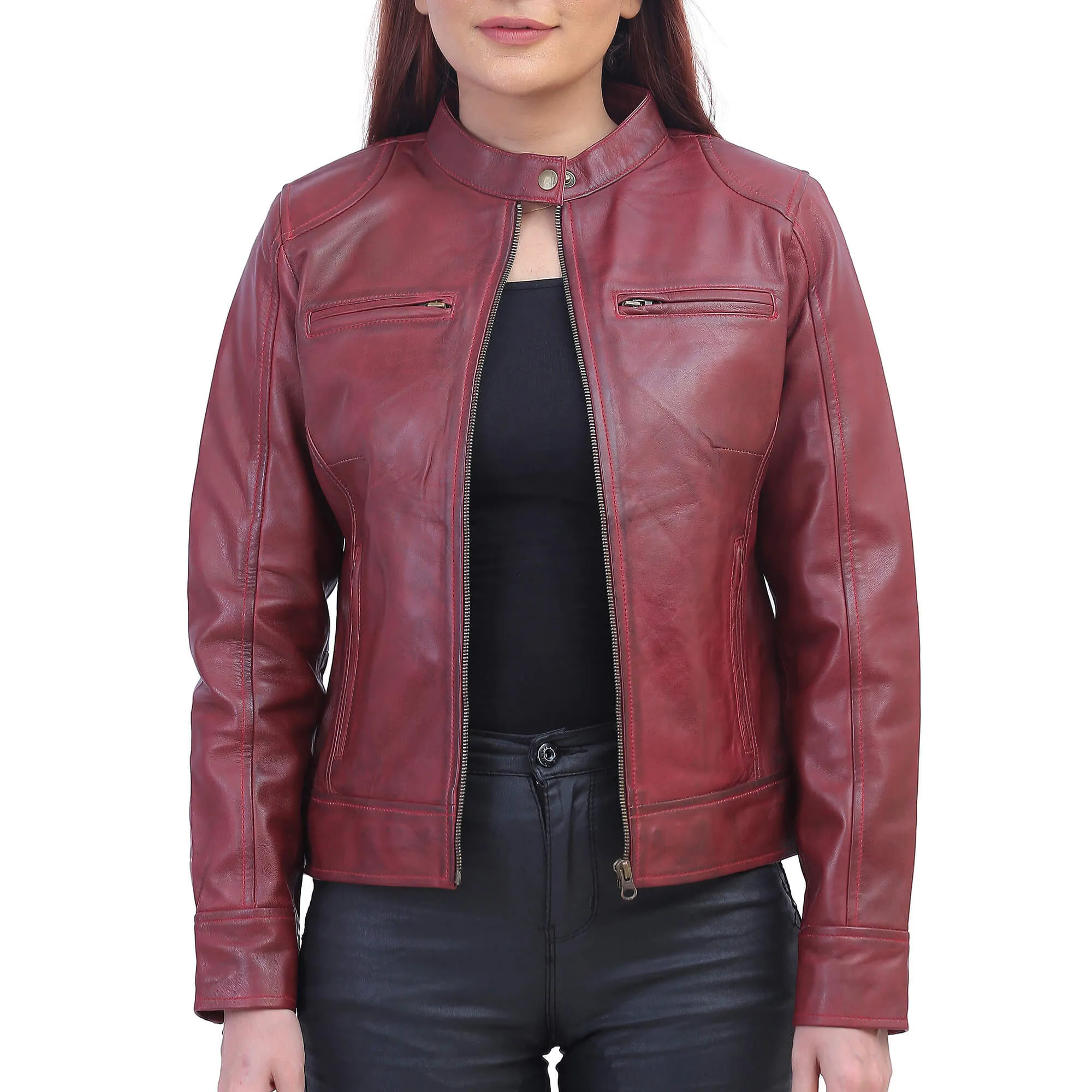 Woman Maroon Biker Jacket