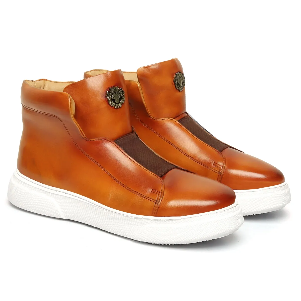 Yellow Tan Color Mid-Top Sneakers with White Sole and Stretchable Closure by Brune & Bareskin